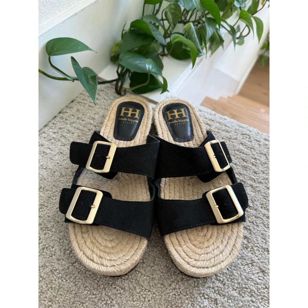 NEW Haute Hippie Nikki Black Suede Buckle Slide Sandals ESPADRILLE WOMEN 9